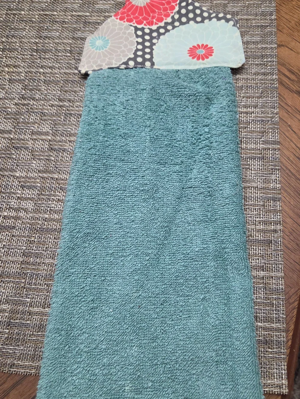Turquoise Hanging Kitchen Towel with Floral Appliqué